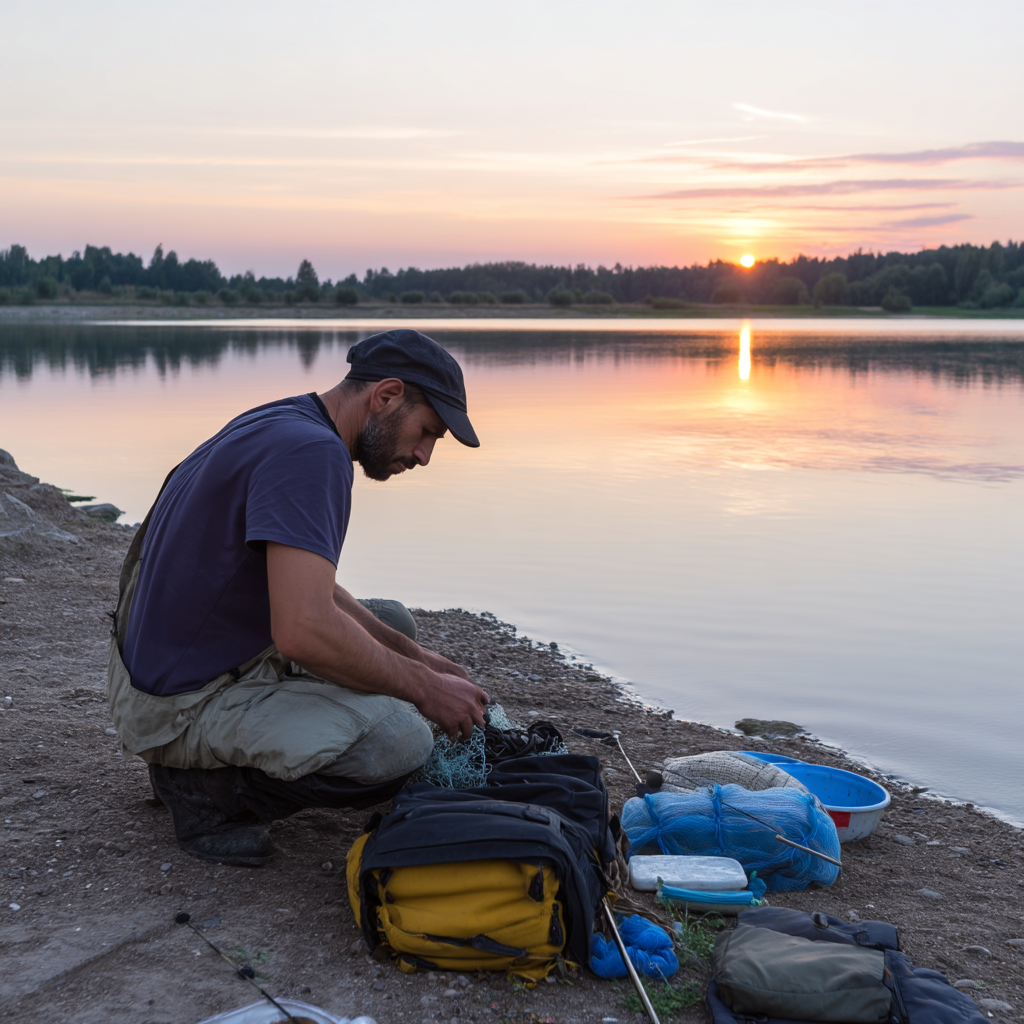 Pêcheur préparant son matériel au bord d'une rivière avec vue sur coucher de soleil
