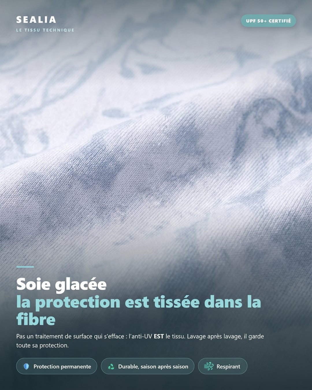 Tissu soie glacee anti-UV UPF 50+ du hoodie Sealia, gros plan macro