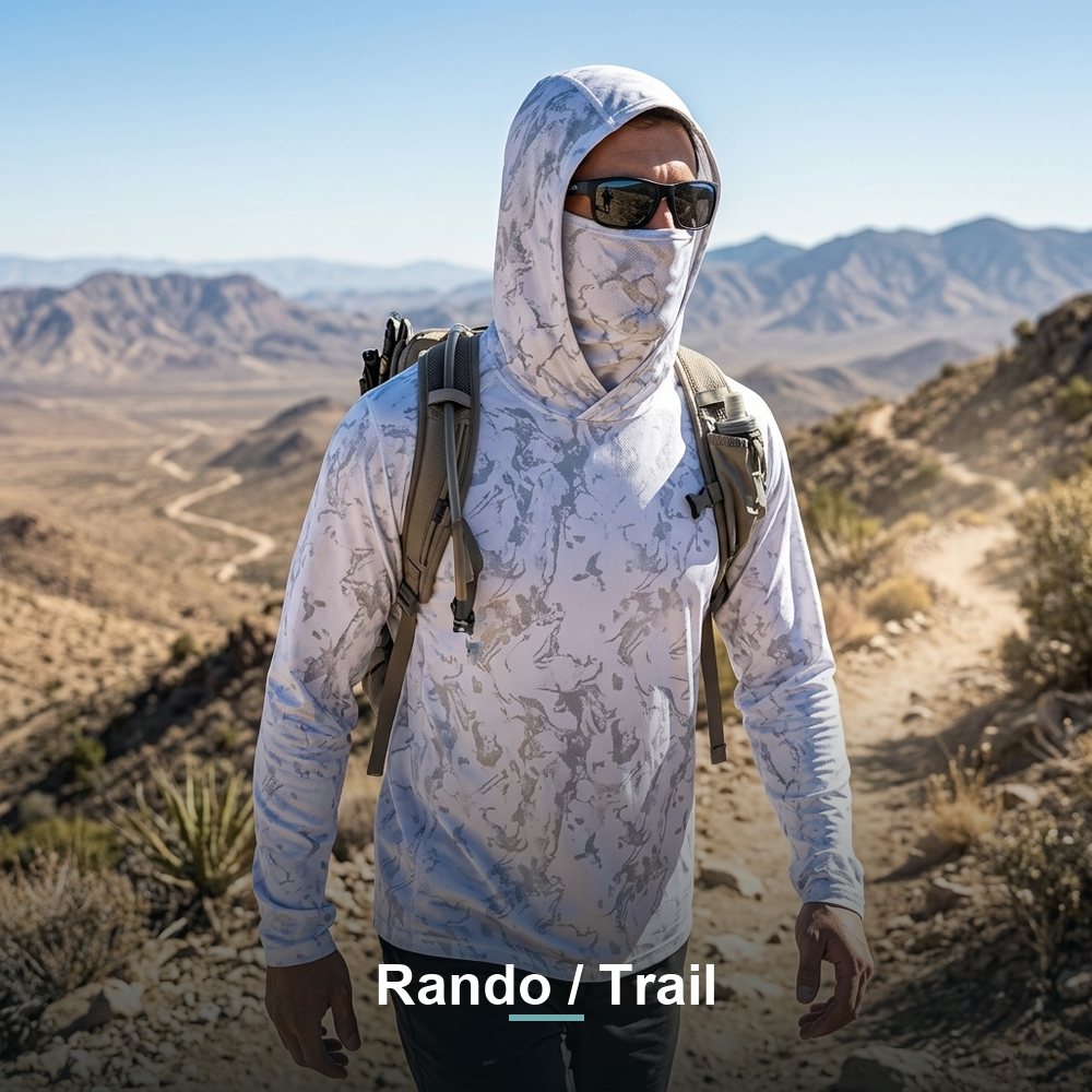 Hoodie anti-UV Sealia porté en rando / trail